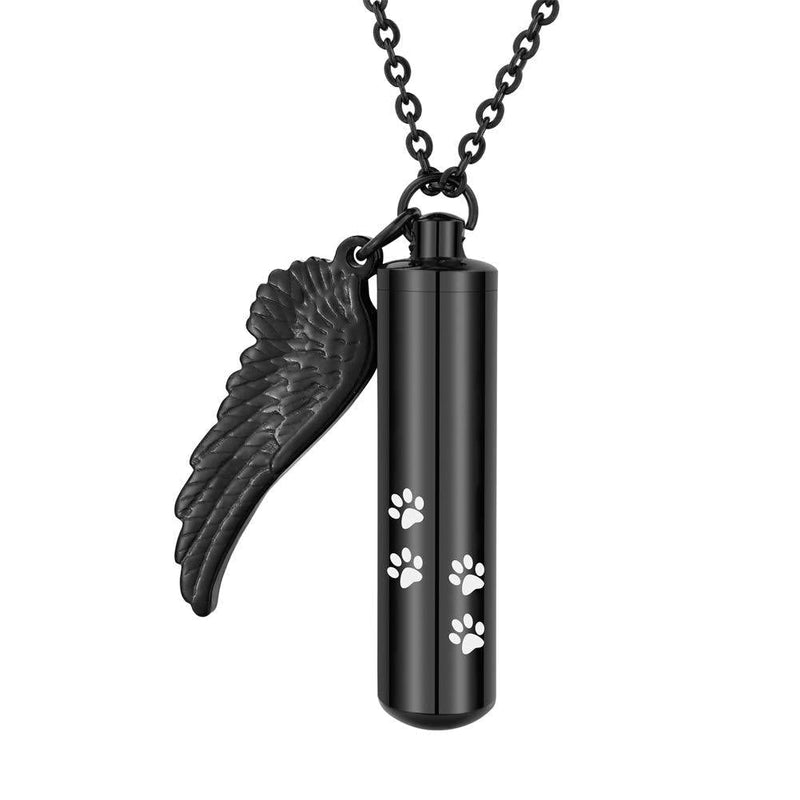 [Australia] - HooAMI Cremation Jewelry Urn Necklace for Ashes with Angel Wing Charm & Pet Paw Print Cylinder Black 48mm 