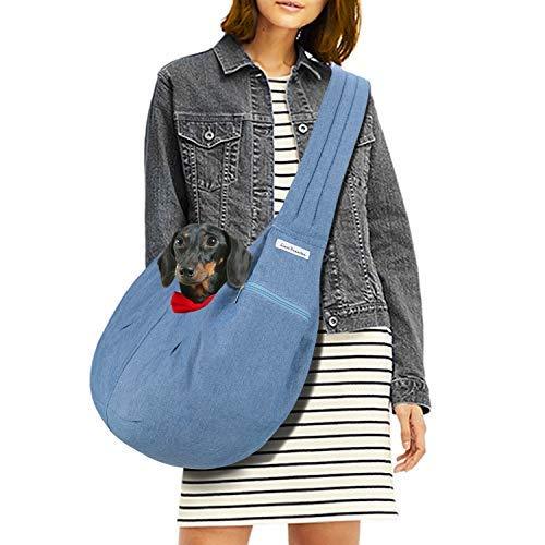 LincaPenneton Stylish Denim Pet Sling Dog Carrier Shoulder Bag Breathable Fabric Adjustable Padded Strap Small Cat Dog Puppy Travel Hands Free up to 11 lbs Blue - PawsPlanet Australia