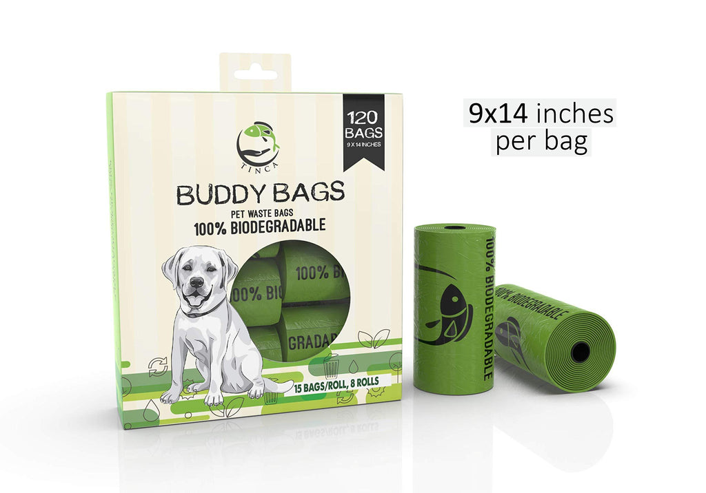 [Australia] - Tinca Buddy Bags, 120 Extra Thick and Strong, Unscented, 100% Biodegradable & Compostable Poop Bags, 15 Bags per roll, Each Measure 9x14 inches! 