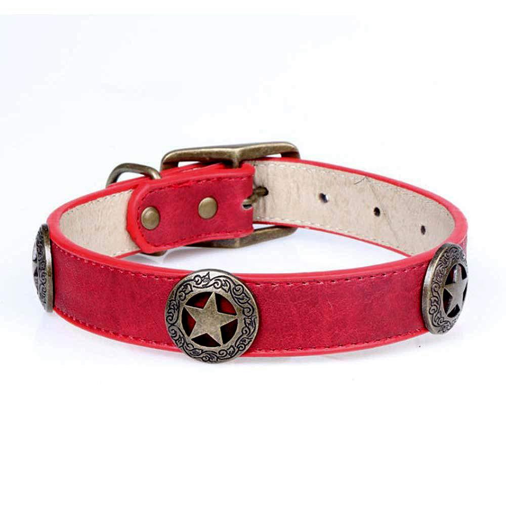 [Australia] - PU Leather Dog Collar Five-Star  Shield Pet Collar Durable Adjustable Collar for Medium Large Dogs Red 