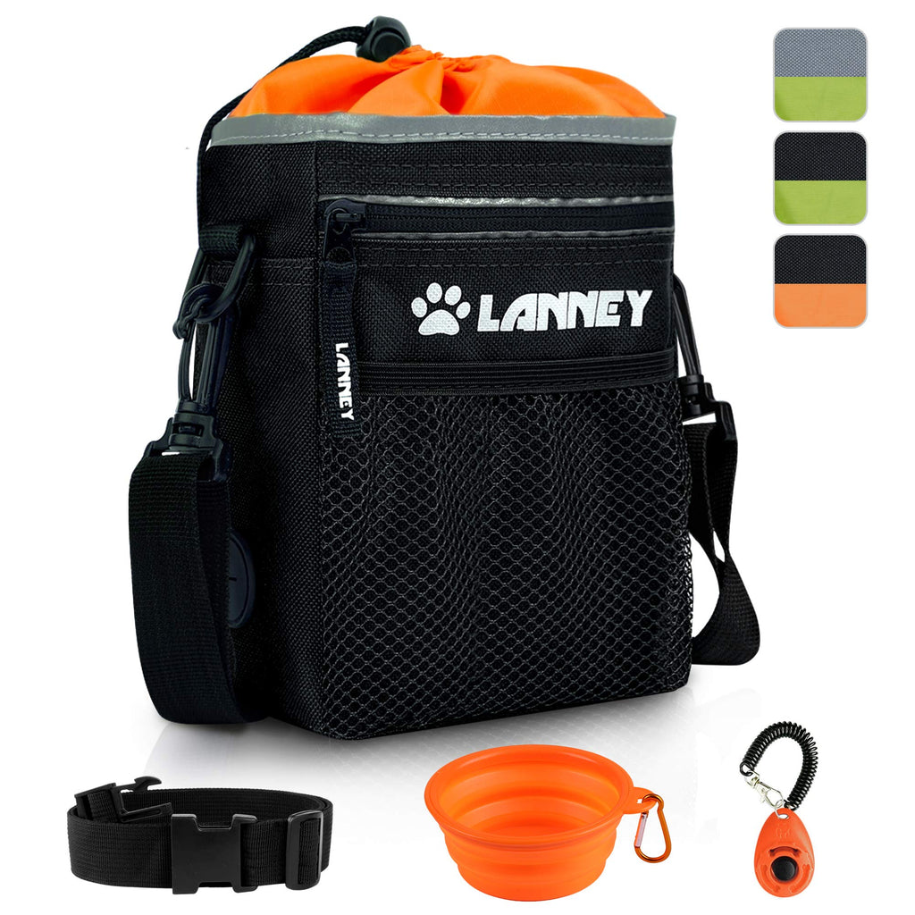 [Australia] - LANNEY Dog Treat Pouch Pet Training Bag for Small to Large Dogs, Treat Tote Carry Kibble Snacks Toys for Training Reward Walking, Metal Clip, Waist Belt, Shoulder Strap, Poop Bag Dispenser Pouch(Black with Orange)+Clicker+Bowl 