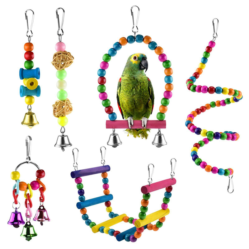 [Australia] - KATUMO 6 pcs Bird Parrot Toys, Bird Swing Toy Colorful Chewing Hanging Hammock Swing Bell Pet Climbing Ladders Toys Bird Toys for Parrots, Parakeet, Conure, Cockatiel, Mynah, Love Birds 6 Pack 