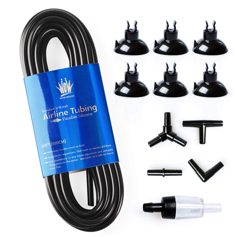 [Australia] - WOW Design 3/16-Inch Professional Flexible Silicone Airline Tubing Standard Aquarium Air Pump Accessories with Check Valves, Suction Cups and Connectors, 20 Feet(Assorted Colors) Black-02 