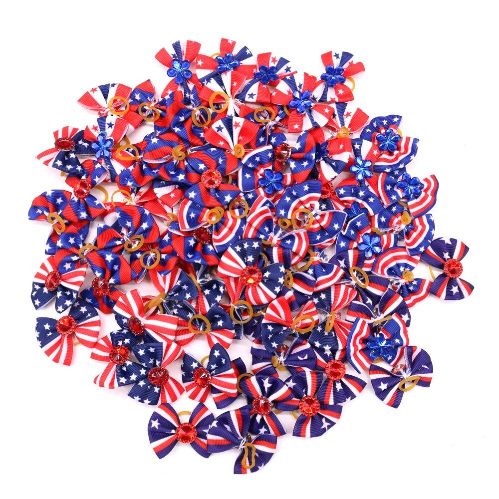 20pcs Handmade Puppy Dog Cat Hair Bows for 4th of July Dog Bows US Flag Durable Rubber Bands Bows Red Blue White Pet Hair Accessories Pet Supplies - PawsPlanet Australia