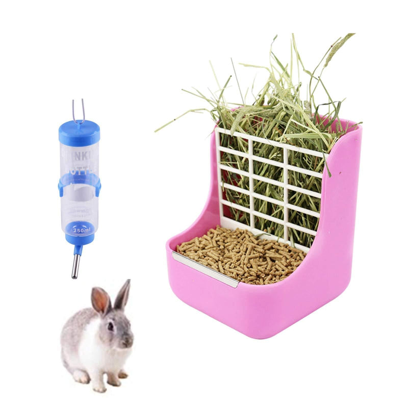 Rabbit Hay Feeders Rack,Bunny Water Bottles Dispenser, 2 in 1 Feeder Bowls Double for Grass/Food for Small Animal Supplies Rabbit Chinchillas Guinea Pig Hamsters - PawsPlanet Australia