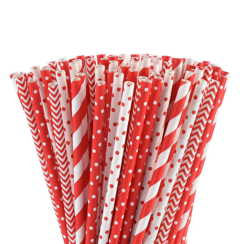 ALINK Biodegradable Red Paper Straws Bulk - 100 Dots/Stripes/Waves Straws for Beverage, Christmas, Holiday, Birthday, Wedding, Baby/Bridal Shower, Party and Decoration - PawsPlanet Australia
