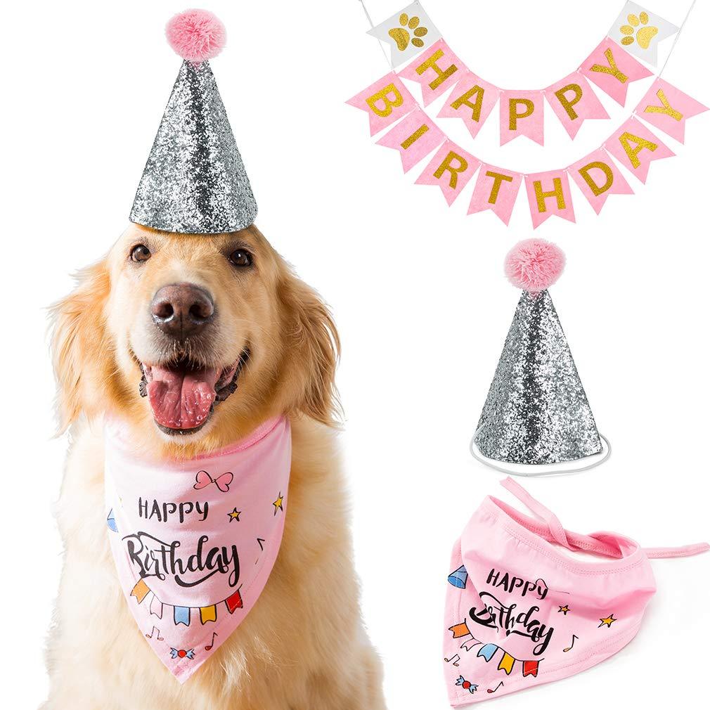 [Australia] - HIPIPET Dog Birthday Bandana Scarfs with Party Hat and Party Decoration Pink 