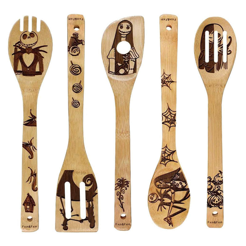 Unique Pattern Burned Wooden Spoons Nightmare Kitchen Slotted Spoon House Warming Presents Bamboo Utensil Set Nightmare Spoons - PawsPlanet Australia