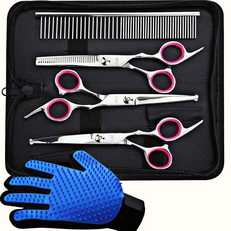 [Australia] - H-Jia Dog Grooming Scissors Set, Safety Round Blunt Tip Pet Grooming Kit-Straight, Curved, Thinning Shears with Comb Grooming Glove, Sharp Durable Grooming Tools for Large Small Dogs and Cats 5PCS 