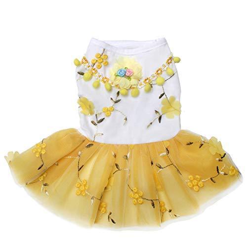 [Australia] - TONY HOBY Dog Embroidered Lace Dress with Flower Pattern for Dog Wedding Apparel White L Yellow 
