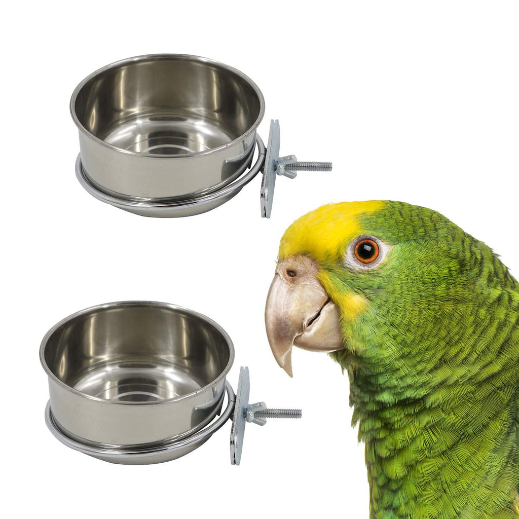 2 Pack Bird Cage Seed Feeder Pet Food Water Bowl Stainless Steel Parrot Feeding Coop Cup Dish with Clamp Holder for Medium and Large Parrots - PawsPlanet Australia