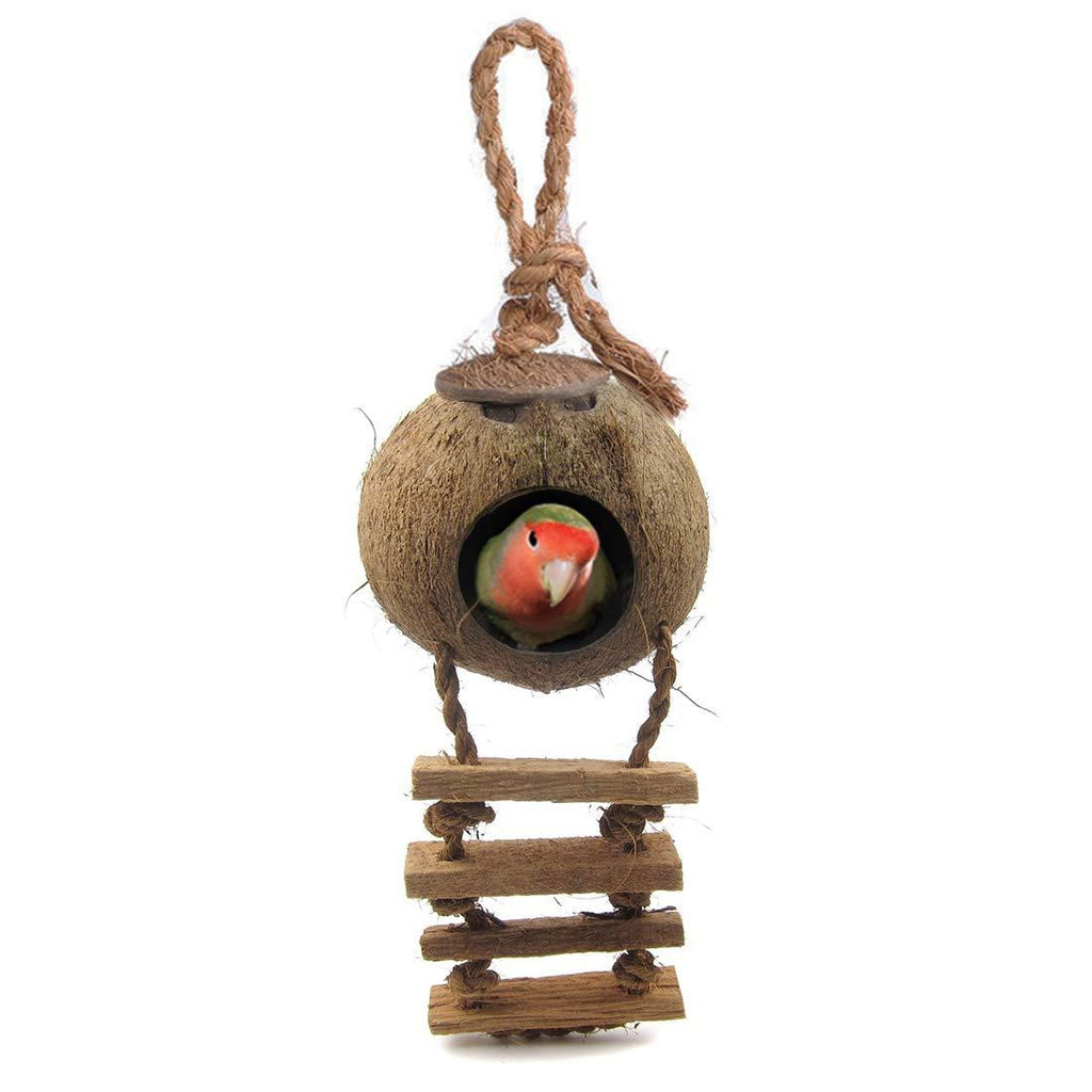 [Australia] - SunGrow Bird House with Ladder, Nesting Home and Bird Feeder, Mini Condo for Avians, Coco Texture Encourage Foot and Beak Exercise, 100% Raw Coconut Husk, Durable Habitat with Hanging Loop 