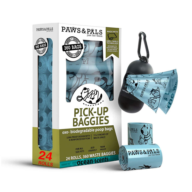 [Australia] - Paws & Pals Dog Poop Bag - Eco-Friendly, Large & Leak-Proof w/Dispenser Holder & Leash Clip - Best for Walking Dogs Pet Waste - 360 Pack, 24 Roll Refills x 15 Bags - Heavy Duty, Unscented or Scented Blue Scented - Ocean 