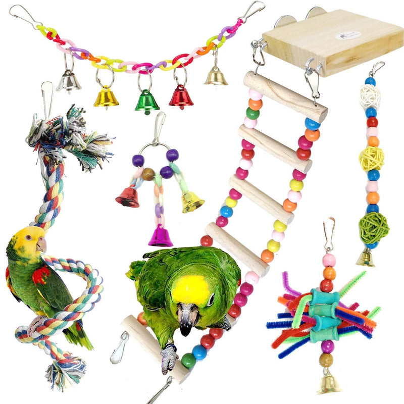 PietyPet Bird Parrot Toys for Cages, Colorful Chewing Hanging Swing Pet Bird Toy with Bells, Wooden Ladder Hammock, Rope Perch, Birdcage Stands for Parakeets Cockatiels, Conures, Macaw, Parrot N - PawsPlanet Australia