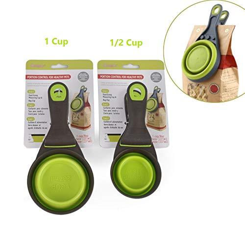 [Australia] - CatYou Pet Food Scoops Measuring Cup for Dog Cat Food Water, Set of 2 (1 Cup & 1/2 Cup Capacity), 3 in 1 Multi-Function Pet Collapsible Silicon Scoop Bowls Bag Clip 