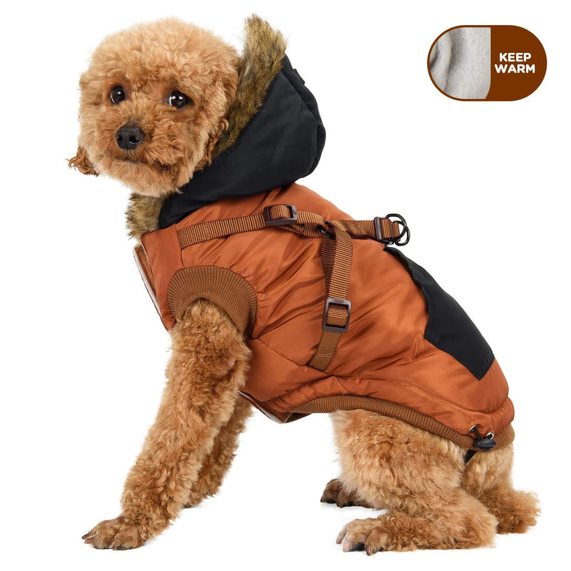 senye Adorable Hoodie Harness Winter Warm Dogs Jacket,Two Layers Windproof Patchwork Pet Clothes for Small Medium Dogs L Brown - PawsPlanet Australia