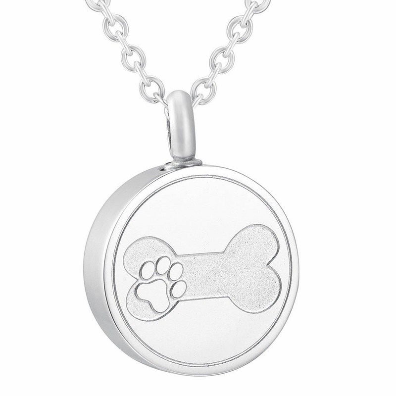 [Australia] - Pet Ashes Necklace 20mm Round Shape Stainless Steel Memorial Urn Jewelry Etching Paw Print & Dog Bone Cremation Pendant Silver 