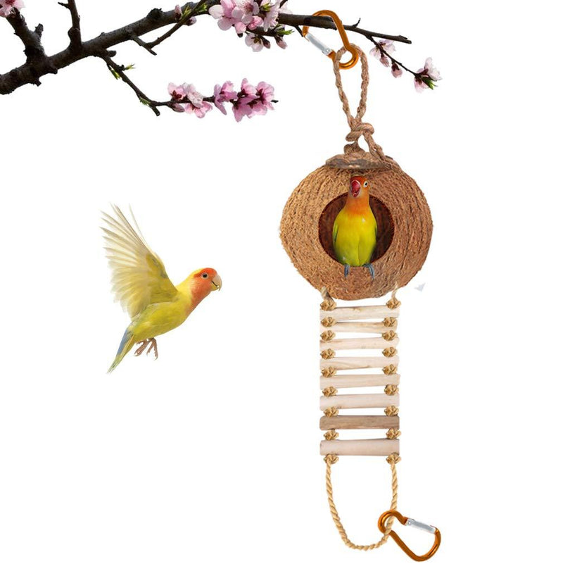 [Australia] - SunGrow Coco Hut With Ladder, Penthouse Adventure for Pocket Pets and Birds, Nesting Home and Bird Feeder, Coco Texture Encourage Foot and Beak Exercise, 100% Raw Coconut Husk, Durable Habitat with Me 
