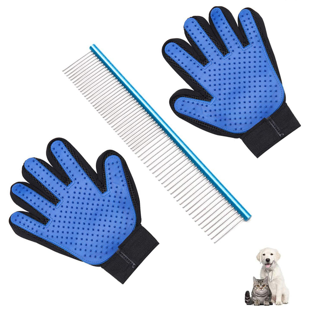 Yatoo Pet Grooming Glove Comb Brush Massage Tool Kit for Cats Dogs Long Short Fur Hair Remover Mitt Gentle Deshedding Removes Tangles Knots Loose Fur and Dirt Contains 2 Gloves and 1 Comb Blue - PawsPlanet Australia