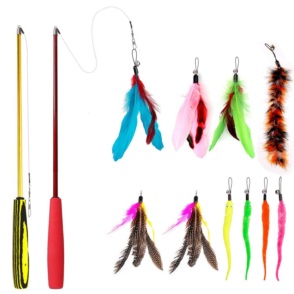 [Australia] - Famgee Feather Teaser Cat Toy - 2 Pcs Retractable Cat Toys Wand and 10 Replacement Refills Assorted Feathers Birds Worms Catcher with Bell, Interactive Teaser and Funny Exercise for Kitten Cats 