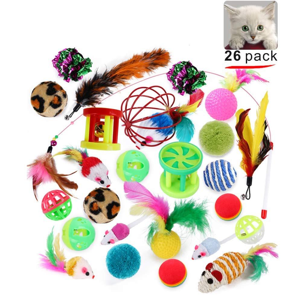 [Australia] - PoPoint 26 pcs Cat Toys Kitten Toys Assortments，Cotton mice Cat Wand Rainbow Ball Bell Ball Crinkle Ball Feather for Cat Puppy Kitten 