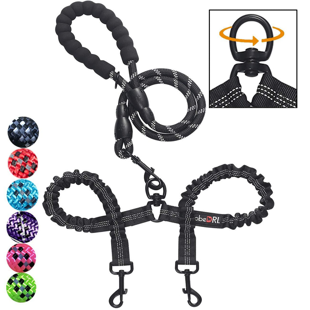 [Australia] - tobeDRI Comfortable Dual Dog Leash Tangle Free with Shock Absorbing Bungee Reflective 2 Dog Leashes for Large Medium Small Dogs Black 25-100 lbs 