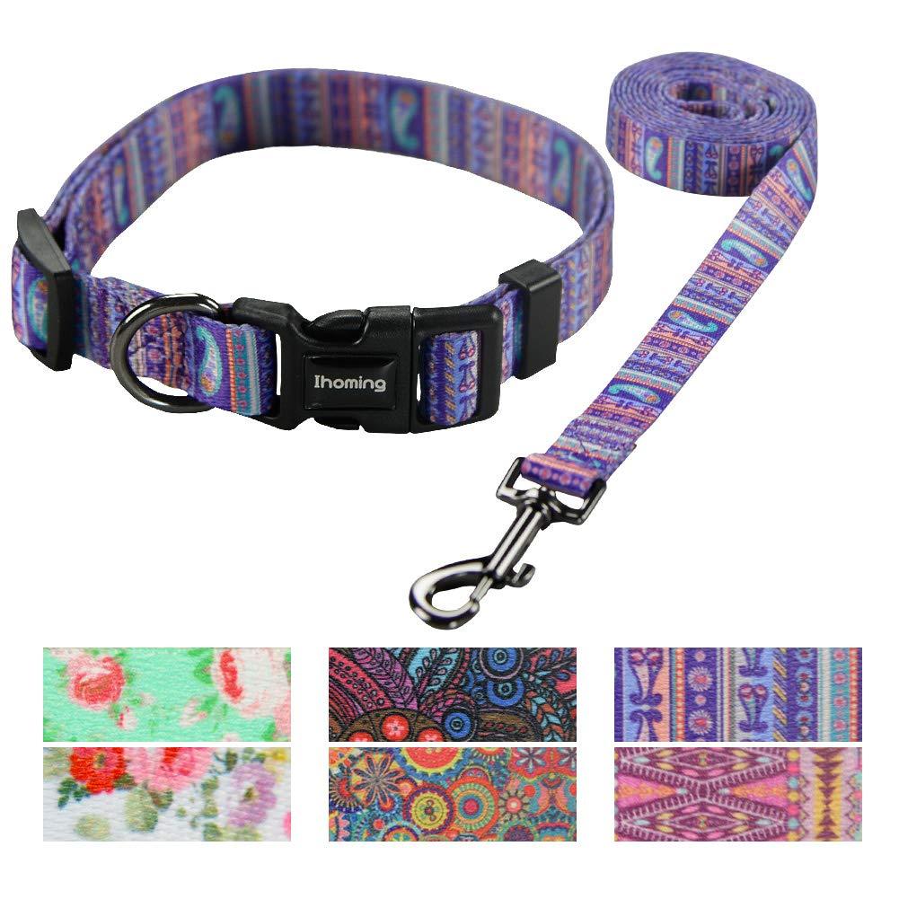 [Australia] - Ihoming Dog Collar and Leash Combo in Bohemia, Morocco, Floral and Dot Style Fit Small, Medium and Large Pet L-Up to 85 LBS Paisley-Purple 