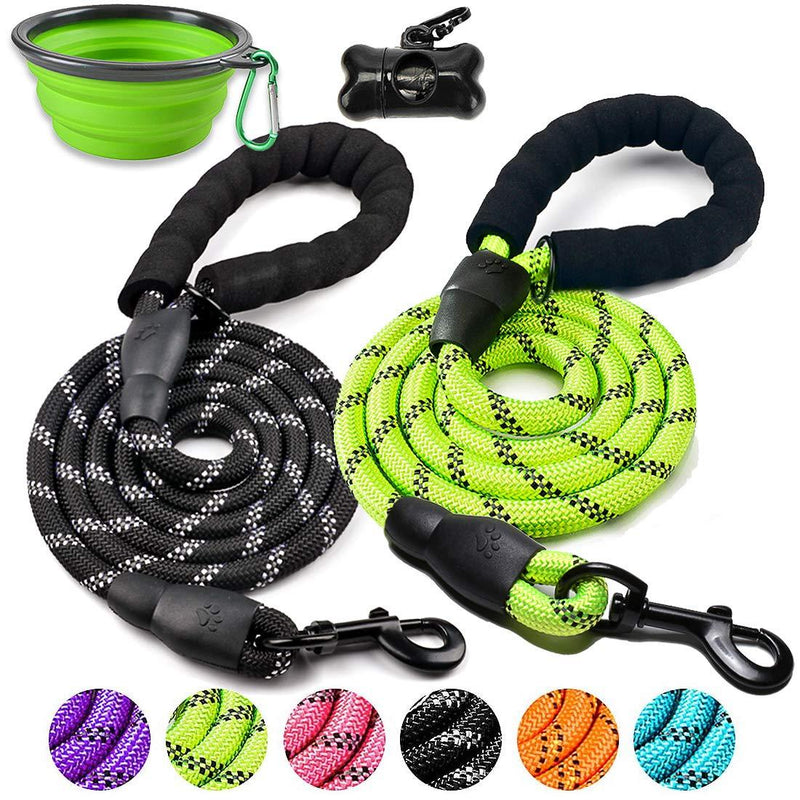 [Australia] - DOYOO Dog Leash 6 FT Thick Durable Nylon Rope - Comfortable Padded Handle - Highly Reflective Threads - Dog Leashes for Medium and Large Dogs with Collapsible Pet Bowl Set 4-Black+Green 