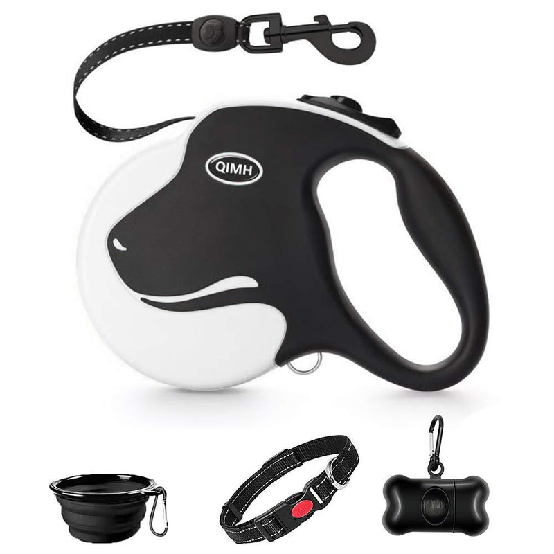 [Australia] - QiMH Retractable Dog Leash, 360° Tangle-Free Heavy Duty 16ft Reflective Walking Dog Leash Ribbon with Anti-Slip Handle for Medium and Large Dogs Up to 110lbs, One-Handed Brake, Pause and Lock Black & White 