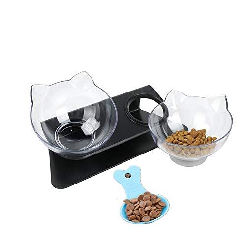 [Australia] - Aqueous Cat Elevated Double Transparent Plastic Bowl,Pet Feeding Bowl | Raised The Bottom for Cats and Small Dogs ，Cute Cat Face Double Bowl black 