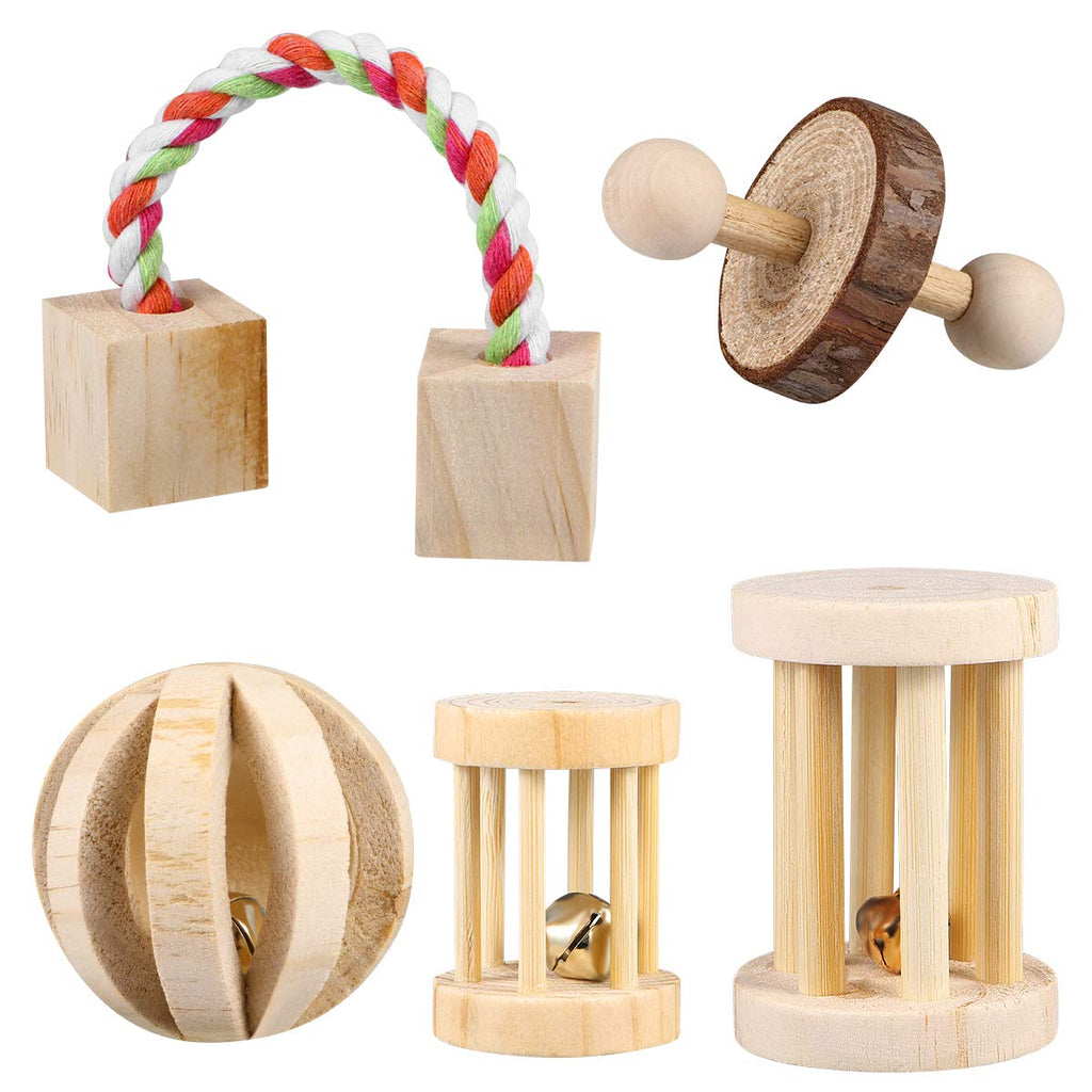 POPETPOP 5PCS Hamster Chew Toys Natural Wooden Play Toy Exercise Bell Roller Teeth Care Molar Toy for Bunny Rabbits Rats Gerbils and Other Small Animals - PawsPlanet Australia