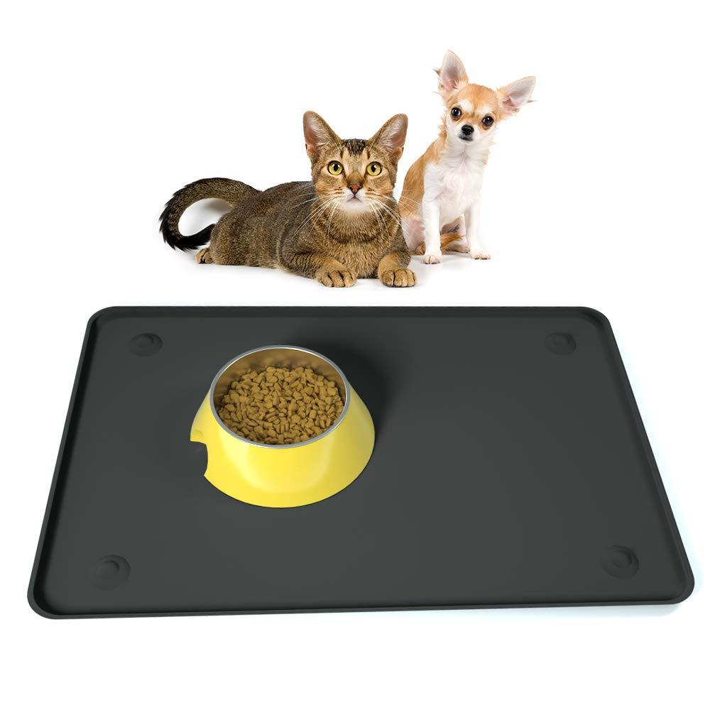 Dog Food Mat, Pet Feeding Mat with Strong Suction Cups - Silicone Waterproof Dog Mat (19x12inches) & (24x16inches), Non-Slip Pet Bowl Mat for Protect Floor Small Black - PawsPlanet Australia