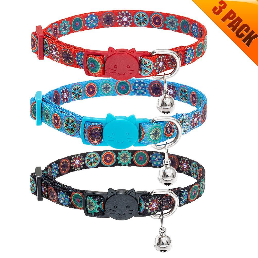 [Australia] - KOOLTAIL Breakaway Cat Collar with Bell 3 Packs - Adjustable Pet Collars Paisley Pattern Ethnic Style for Cats Kitty Puppy 