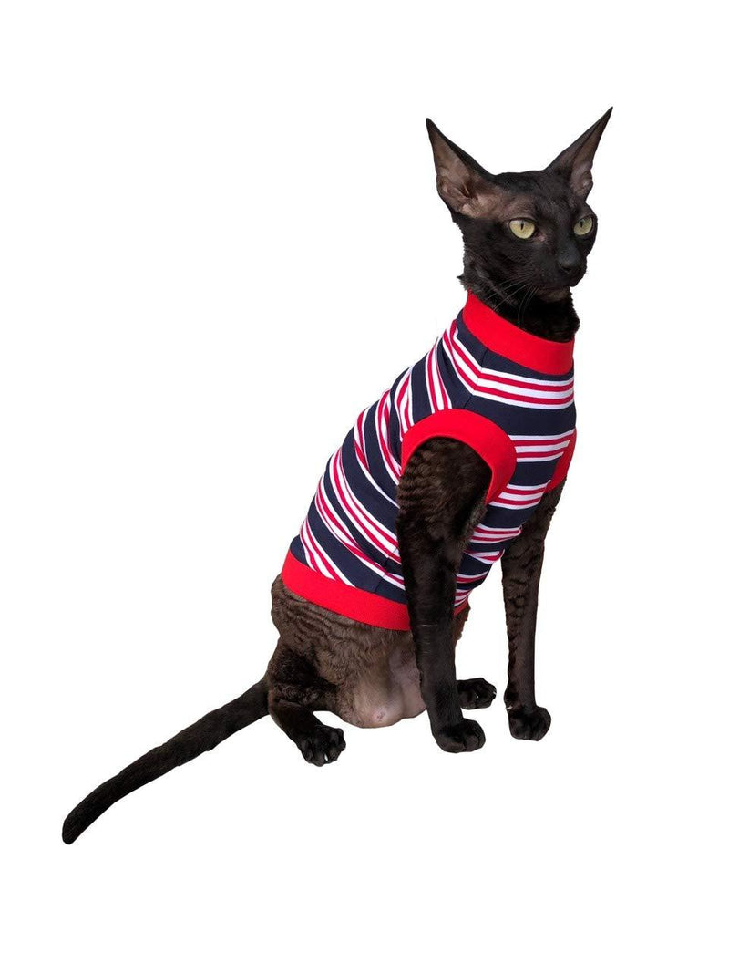 [Australia] - Kotomoda cat wear T-Shirt Dark Blue-red-White Stripes L 