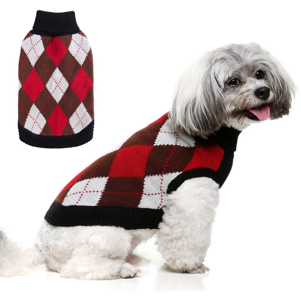 PAWCHIE Classic Dog Sweater Knit Turtleneck, Plaid Knitwear Sweaters, Warm Clothes for Small to Large Dogs S/M Black & Red - PawsPlanet Australia