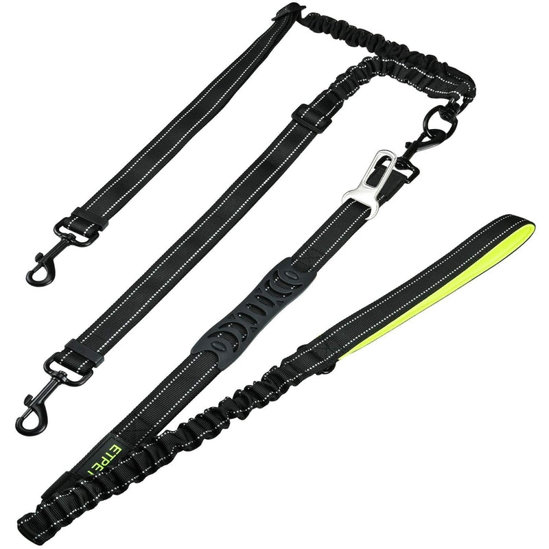 [Australia] - ETPET Dog Double Leash Car Seat Belt Dual Pet Leashes Traction Ropes with Elastic Bungee Reflective Stripe for Two Dogs or Cats Adjustable Tethers Leads Vehicle Seatbelt Travel Ropes Black+Green With Handle 
