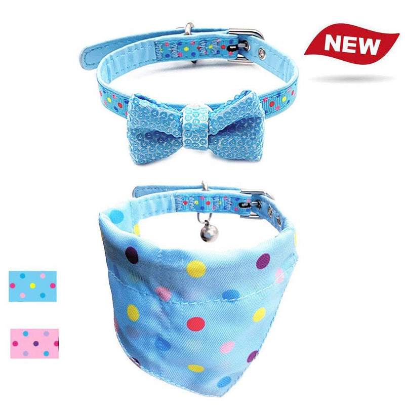 [Australia] - azuza Cat or Small Dog Collars with Removable Bells, 2 Pack Pu Leather Collars with Bowtie and Bandana Set Blue Polka Dot 