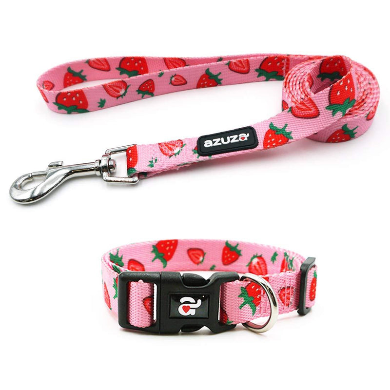 [Australia] - azuza Dog Collar and Leash Set, Cute Fruit Patterns, Adjustable Nylon Collar with Matching Leash for Small Medium and Large Dogs S (Neck: 11"-16") Strawberry 