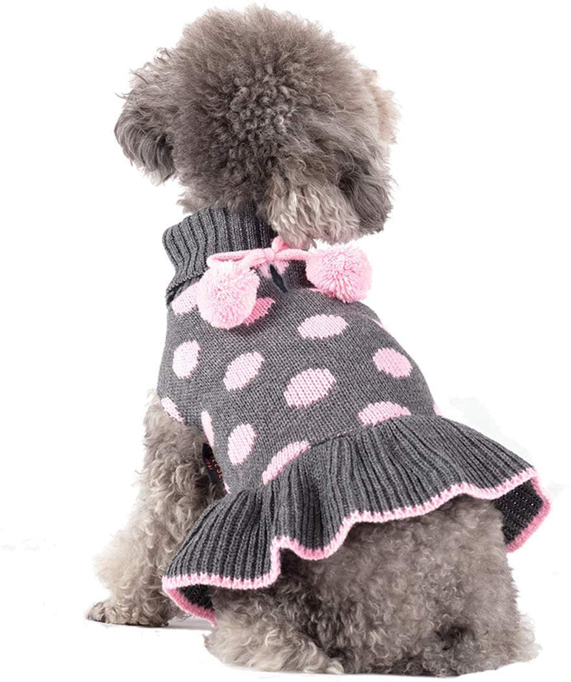 KYEESE Dog Sweater Dress Turtleneck Polka Dot Dog Sweaters with Leash Hole Knitwear Warm Pet Sweater with Pom Pom Ball X-Small (Pack of 1) Polkadot (Grey) - PawsPlanet Australia