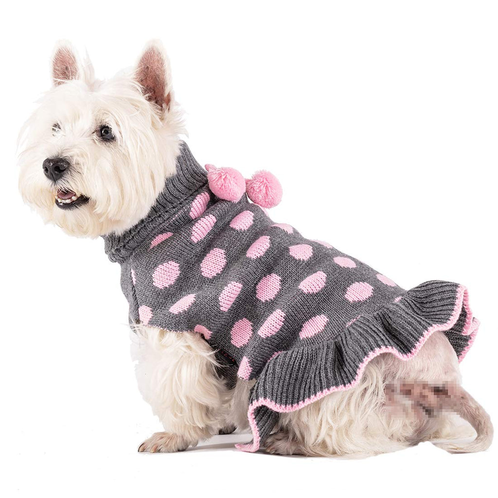 [Australia] - kyeese Dog Sweater Dress Turtleneck Polka Dot Dog Sweaters Knitwear Warm Pet Sweater with Pom Pom Ball Large Dot (Grey) 