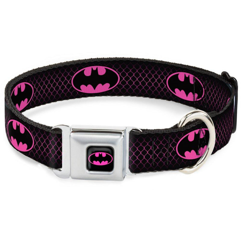 [Australia] - Buckle-Down Seatbelt Buckle Dog Collar - Batman Shield/Chainlink Black/Hot Pink 1.5" Wide - Fits 16-23" Neck - Medium 
