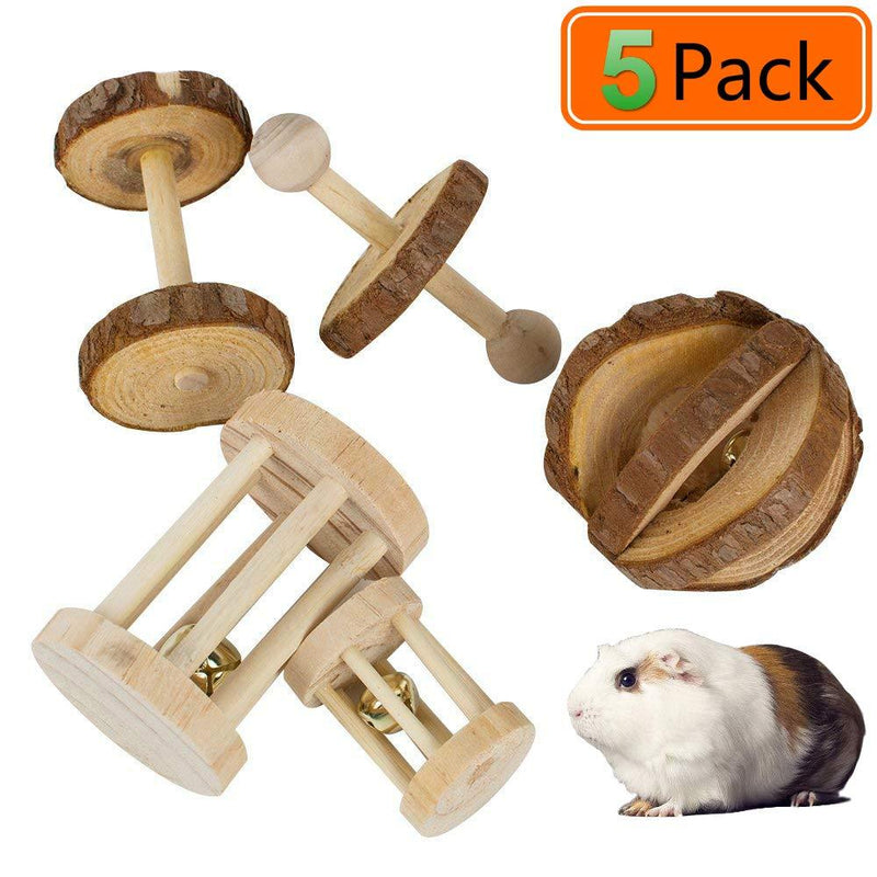 [Australia] - JEMPET Hamster Chew Toys,Natural Wooden Gerbils Rats Chinchillas Toys Accessories,Dumbbells Exercise Bell Roller Teeth Care Molar Toy for Guinea Pig Bunny Rabbits 5 Pack 