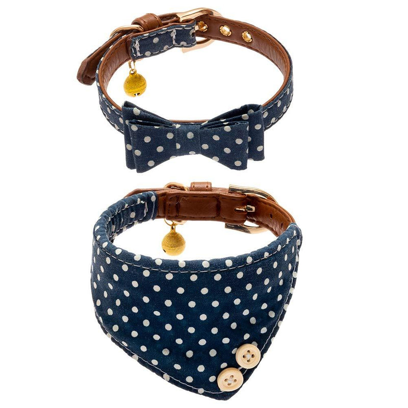 [Australia] - EXPAWLORER Bow Tie Dog Collar with Bell, 2 Pack Classic Plaid Adjustable Collars Bowtie Bandana for Puppy Cats S Blue 