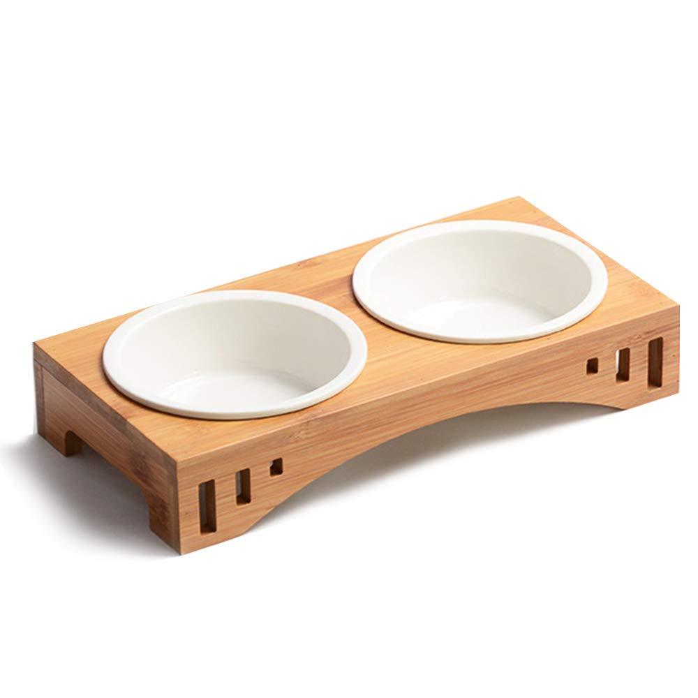 [Australia] - Ceramic Pet Cat Bowls Small Dog Bowls for Food and Water with Elavated Bamboo Stand Double 