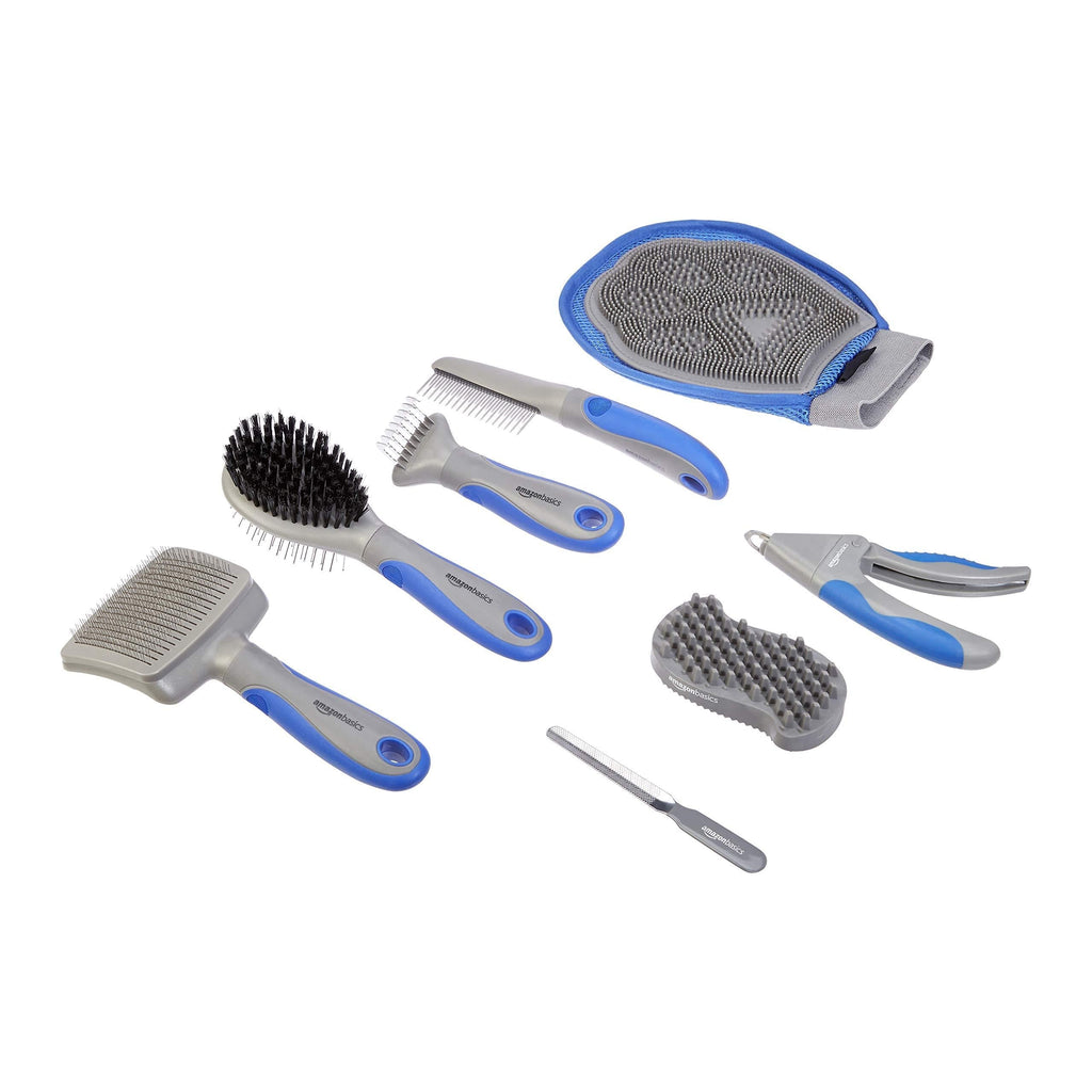 [Australia] - AmazonBasics 8-Piece Pet Brush & Grooming Set 8 in 1 Pet Grooming Set Blue 