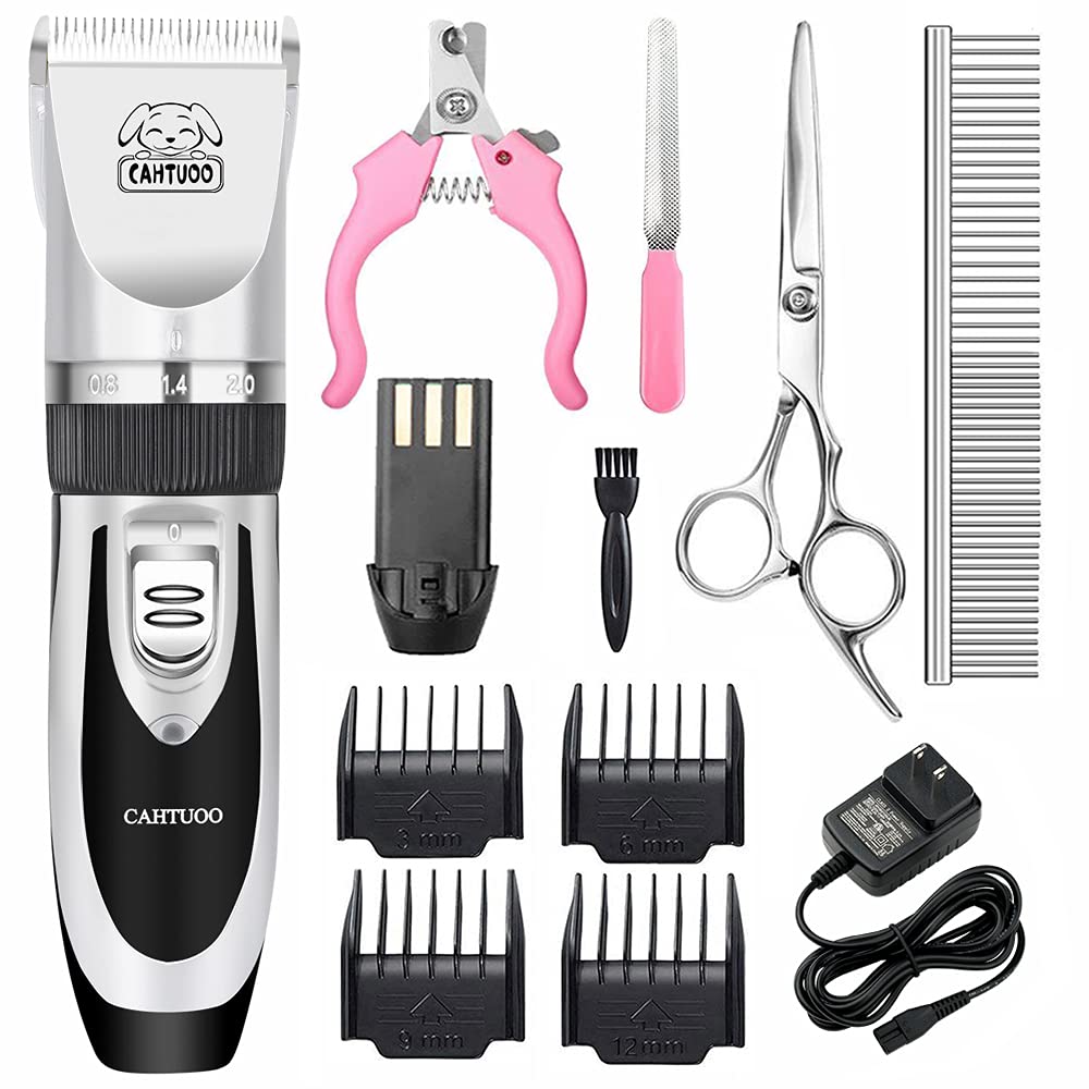 CAHTUOO Dog Clippers,Professional Dog Grooming Clippers Kit Rechargeable Quiet Pet Shaver Cordless Dog Cat Hair Trimmer with Scissor,Guards,Combs for Dogs Cats Other Animals- Silver (Upgrade Version) 12 Piece Set - PawsPlanet Australia