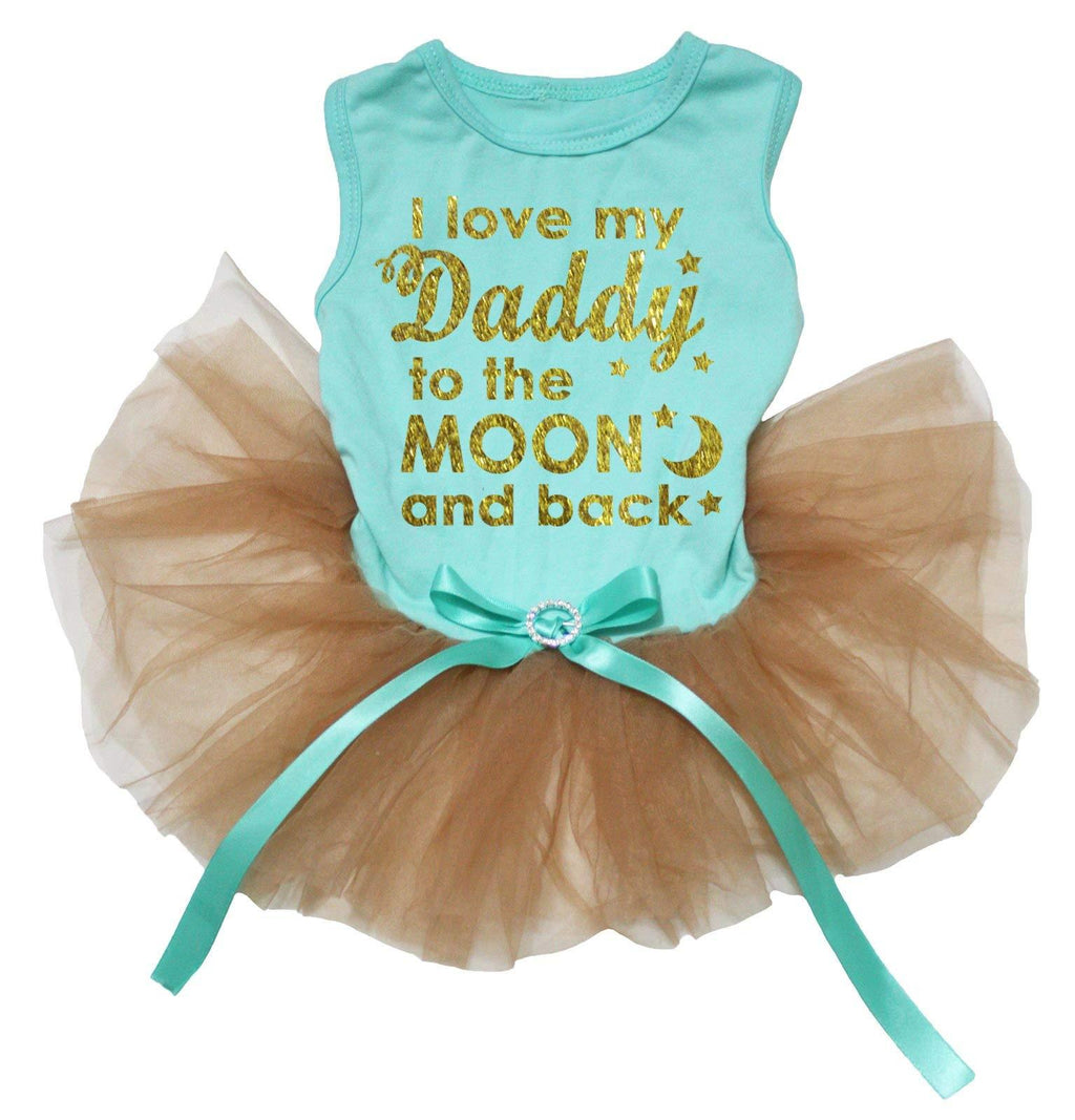 [Australia] - Petitebella I Love My Daddy to The Moon and Back Puppy Dog Dress Medium Aqua Blue/Gold 