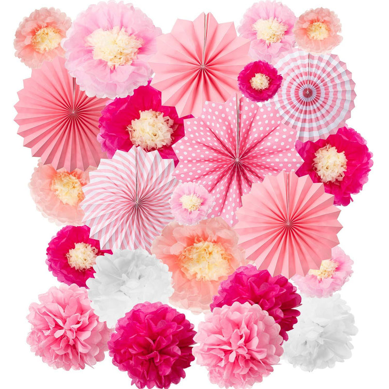 24 Pieces Party Hanging Set, Including 12 Tissue Paper Flowers Decorations, 6 Pink Paper Fans Garlands Decoration, 6 Paper Poms Ball Decoration Flowers Craft Kit for Birthday Baby Shower Festival - PawsPlanet Australia