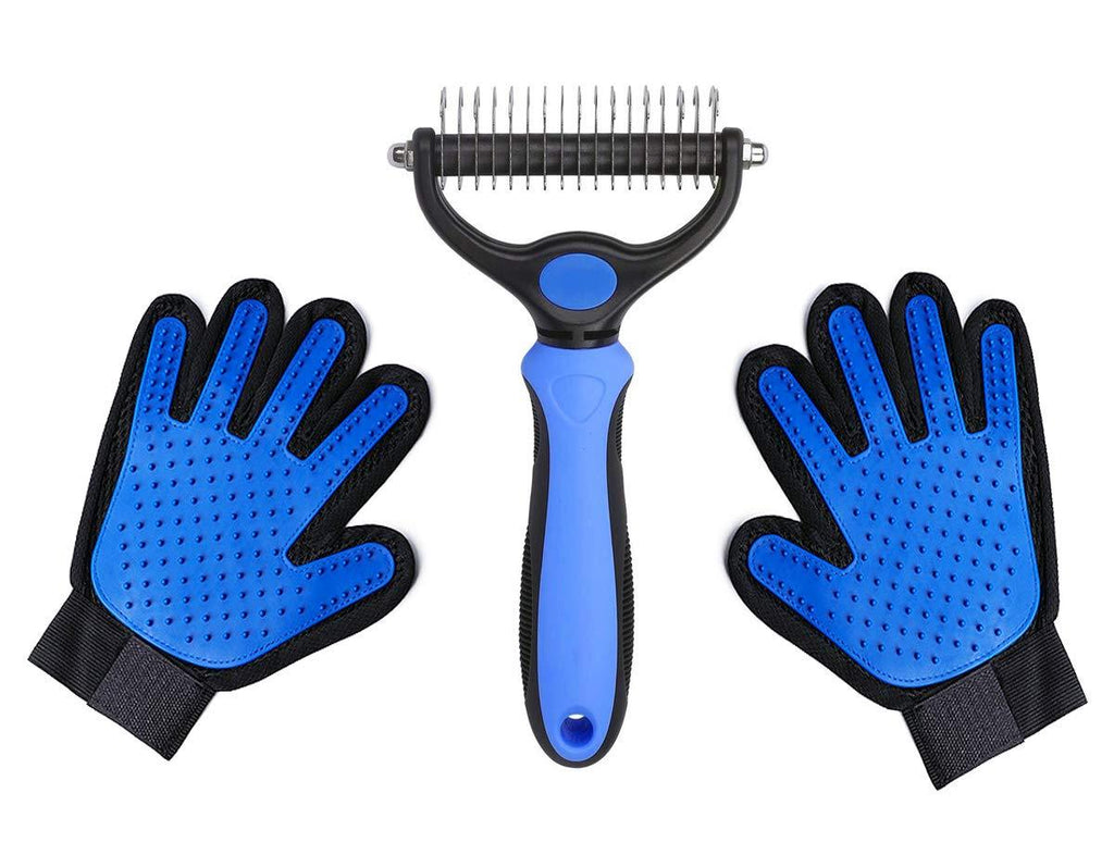 [Australia] - Pet Grooming Tool Double-Sided Dematting Comb & Grooming Gloves 2PCs for Dogs Cats Easily Handle Tangles 