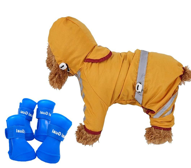 [Australia] - Small Dog Raincoat Rain Boots Set Hooded and Four Leg Pet Raincoat with Reflective Strip Polyester Anti-Slip Silicone Water Proof Rain Boots ONLY for Small Dog 